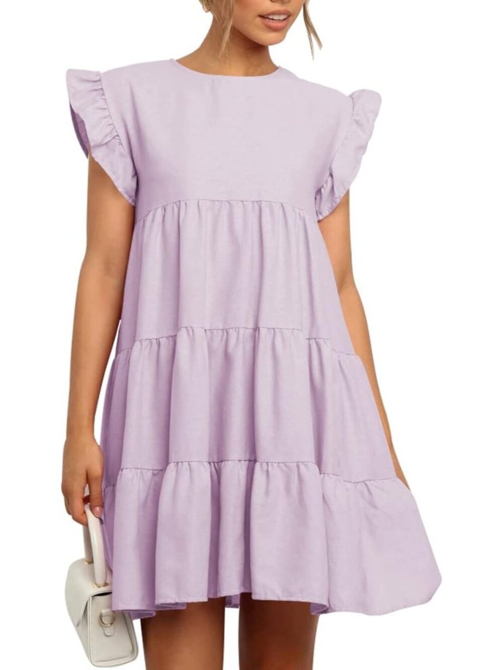 Women's Purple Casual Ruffle Sleeve Round Neck Solid Loose Fit Shift Mini Dress